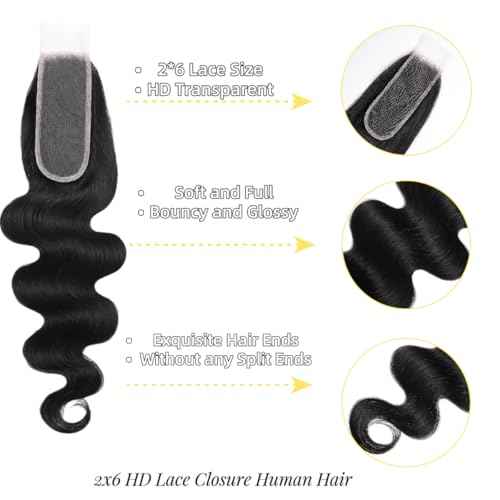 2x6 HD Lace Closure Body Wave Human Hair Transparent 2 by 6 HD Lace Closure 14Inch 100% Brazilian Virgin Unprocessed Middle Part Human Hair Kim K Closure With Baby Hair Natural Color