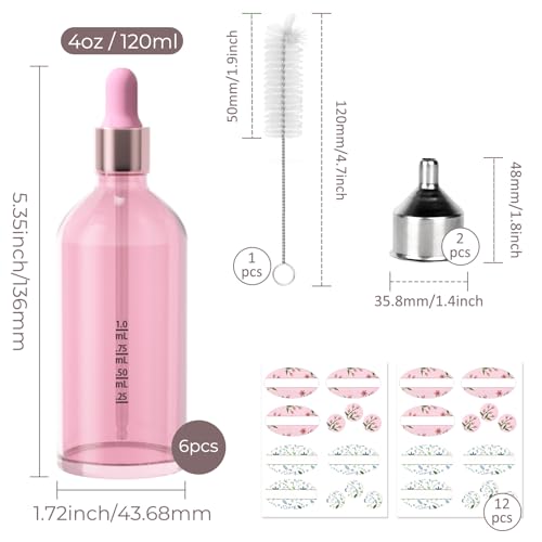 Pink Glass Dropper Bottles 4oz - 6 Pack Essential Oil Tincture Bottles