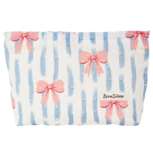 BornSiiren Bow Blue Stripe Large Makeup Bag Travel Organizer with Lining