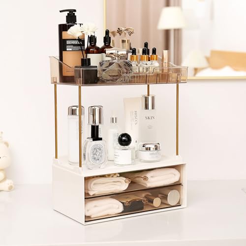 Elegant 2-Tier 2-Drawer Bathroom Countertop Organizer, Multi-Purpose Makeup & Skincare Organizer, Champagne Gold