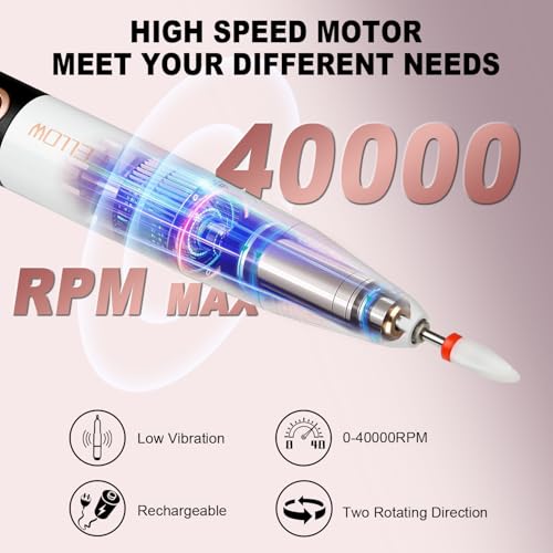 YOKE FELLOW Electric Nail Drill - 40000 RPM Protable Electric Nail File for Acrylic Cordless Nail Drill Professional with 17 Drill Bits for Nail Salon(YK-111Pro)