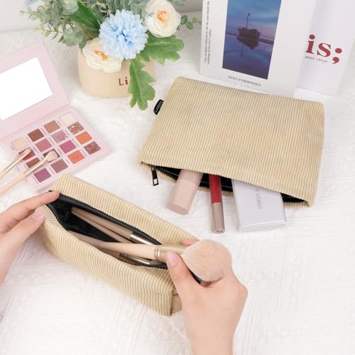 MAGEFY Corduroy Makeup Bag Set - 2 Pcs Travel Pouch Beige