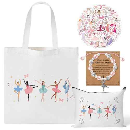 Y1tvei Cute Ballerina Canvas Bags Kit- Ballet Dancing Girl Recital Gifts with Tote bag Makeup Pouch Stickers Bracelet Card