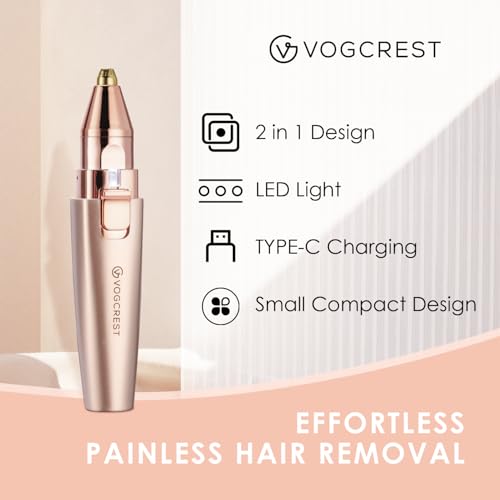 VG VOGCREST 2 in1 Eyebrow Facial Trimmer with Replacement Heads - Rechargeable Facial Hair Removal and Eyebrow Shaver - Face Lips Body Painless Facial Razor with Built-in LED Light (Rose Gold)