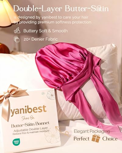 YANIBEST Hot Pink Adjustable Silk Sleep Bonnet for Curly Hair Women