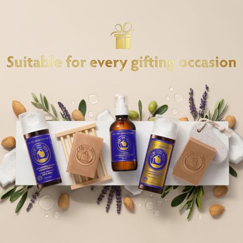 Ancient Greek Remedy Organic Spa Gift Set - Body Oil, Face Moisturizer, Foot Balm & 2 Soap Bars - Lavender Scented Skin Care Gift Basket for Women - Perfect for Christmas, Birthdays & Self Care