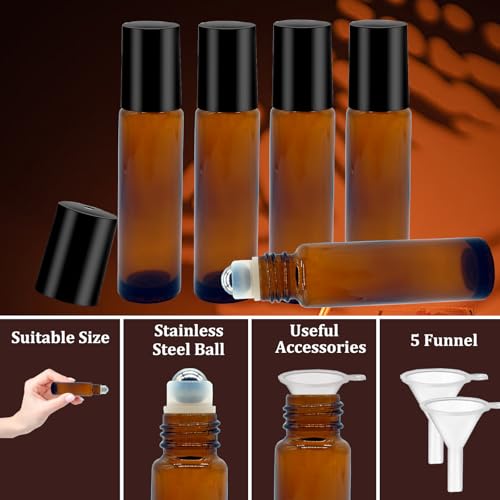 100 Pcs Essential Oil Roller Bottles 10ml Empty Glass Roller Bottles with Stainless Steel Roller Balls Protection Leakproof with 5 Funnel for Travel, Roller Balls For Essential Oils(Brown)