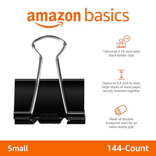 Amazon Basics Binder Paper Clips, Small Clip, 144 Count, 12 Pack of 12, Black