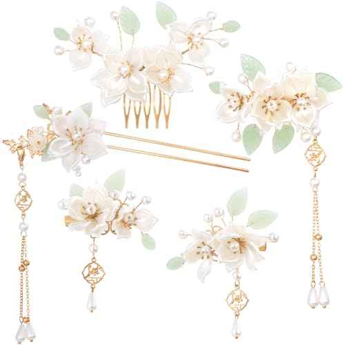5PCS Camellia Flower Tassels Hairpin, Crystal Rhinestone Pearl Hair Clips Headpiece Retro Chinese Hanfu Wedding Brides Hair Accessories Korean Jewelry for Women Girls Updo Long Hair