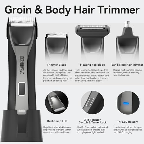 DERMAWAVE Manscape 3-in-1 Electric Groin & Body Hair Beard Trimmer for Men, Waterproof Foil Shaver, Ear & Nose Hair Trimmer, Ball Shaver, USB-C Rechargeable Personal Grooming Kit
