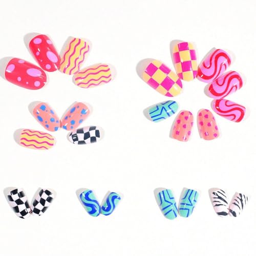 Short Almond Press-On Nails Set - 24pcs Colorful Acrylic with Geometric Design