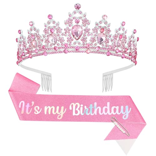 BAHABY Birthday Crowns for Women It's My Birthday Sash & Rhinestone Tiara Set Princess Birthday Sash and Tiara for Women Birthday Decorations (Pink)