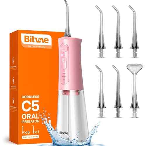 Bitvae Water Dental Flosser Teeth Picks, Cordless Portable Oral Irrigator, Powerful and Rechargeable Oral Irrigator, Brace Care, IPX7 Waterproof Water Dental Picks for Cleaning, Quartz Pink