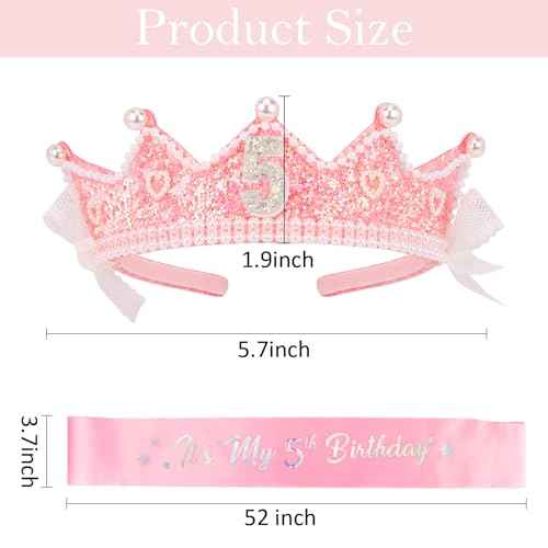 CUBACO Birthday Crown Headband 5th Birthday Girl Sash, Birthday Girl Headband Princess Pink Crown 5 Year Old Girl Gift Outfit Birthday Decorations,Suitable for Party Favors Decorations
