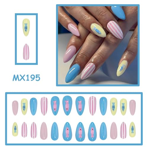 Medium Almond Faux Nail Tips Kit with Ocean Fish Design, 24 Pieces