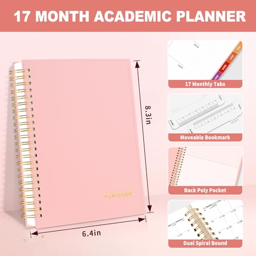 SUNEE Academic Planner 2024-2025 Weekly and Monthly - from August 2024 - December 2025, 6.4"x8.3" School Year Calendar Daily Planner with Monthly Tab, Flexible Cover, Note Pages, Pockets, Bookmark, Spiral Binding, Pink