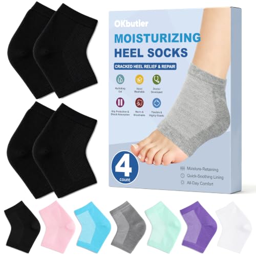 OKbutler Moisturizing Gel Heel Socks for Dry Cracked Feet - 2 Pairs Black