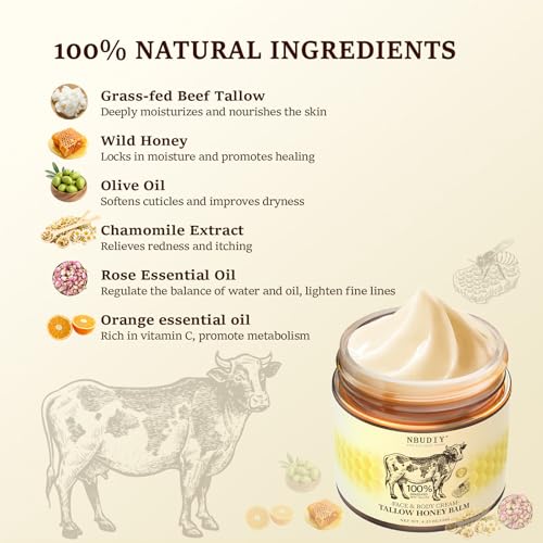 Beef Tallow for Skin, Tallow and Honey Balm, Tallow Face Moisturizer, Grass Fed Beef Tallow for Face - Sensitive Dry Skin Repair, Deeply Nourishing, Fragrance Free, Floral Mist