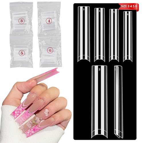 No C Curve Square Refill Nail Tips, 3XL Long Clear Straight Tapered Square Gel Nail Tips, 200Pcs（Fixed Size No. 3.4.5.6 With Bag）Half Cover Acrylic Nail Tips Coffin Nails Tips for Nail Art Salon