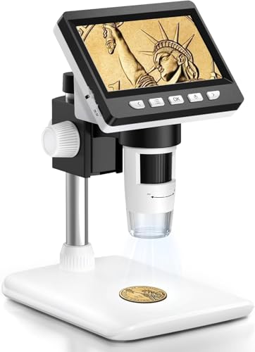 AOPICK White Digital Coin Microscope 1000X with 4.3" LCD, 1080P USB, 8 LED Lights
