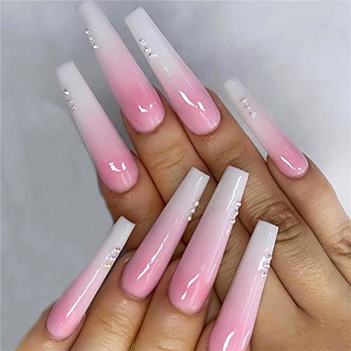 FOAMEE Press on Nails Long Pink Gradient Coffin Fake Nails with Rhinestones Designs Acrylic French Tip Nails Glossy Glue on Nails for Women