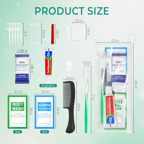 50 Sets Personal Hygiene Kit Bulk,10-IN-1 Green Individually Wrapped Disposable Travel Toothbrushes and Hotel Vanity Set Basic Toiletry Supplies for Homeless,Guests,Charity