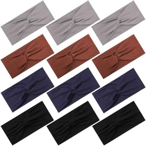 12 Pcs Stretchy Headbands for Women, Absorbed Sport Headband Soft Twist Knotted Hairbands for Daily Life Yoga Workout(Black/Dark blue/Brown/Grey)