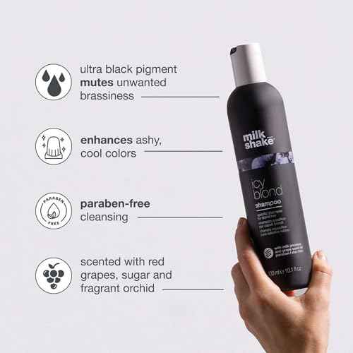milk_shake icy blond shampoo award winning shampoo with black pigment to cool brassy tones and enhance platinum blonde hair ideal for maintaining icy, ash-toned color
