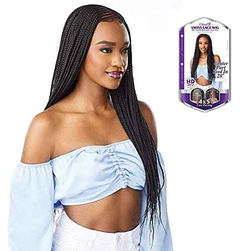 Sensationnel Cloud9 4X5 Braided Wig - Center Part Feed In 28 Inch Hand Tied Swiss Lace Braided Wig With Large Parting Area (1B OFFBLACK)