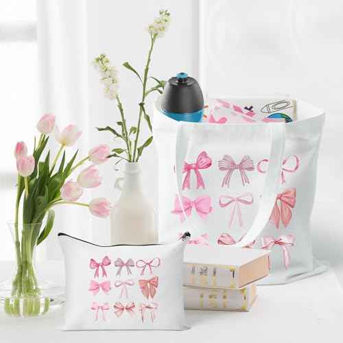 Y1tvei Pink Bows Canvas Bag - 2Pcs Coquette Bowtie Preppy Makeup Bag Set Cute Aesthetic Pink Bow Canvas Tote Bag, Reusable Grocery Folding Shopping Bag, Stuff Zipper Pouch Gifts for Women Party Favors