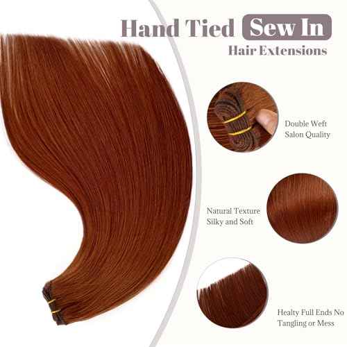 Cooper Weft Hair Extensions Human Hair Light Aubrun Brown Sew in Extension for Short Hairs Double Weft Copper Real Bundles for Women Sew in Thick Red for Adding Hairs 18 Inch 100g