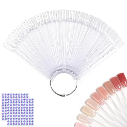 Nail Color Swatches Sticks with Ring, 50Pcs Clear Fan Shape Nail Art Polish Display Tips with Number Stickers False Nail Sample Sticks, Transparent nail Practice-Tips for Manicure