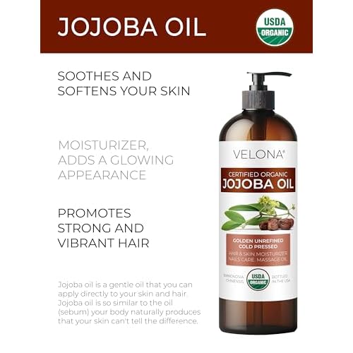 velona Jojoba Oil USDA Certified Organic - 32 fl oz (With Pump) | 100% Pure and Natural | Golden, Unrefined, Cold Pressed, Hexane Free | Moisturizing Face, Hair, Body, Skin Care