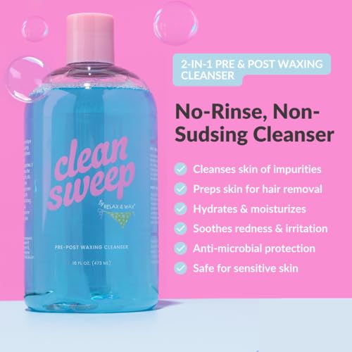 Clean Sweep 2-in-1 Pre & Post Waxing Cleanser ? No-Rinse, Anti-microbial & Moisturizing Formula ? Removes Oil, Dirt & Makeup ? Soothes & Preps Skin for Effective Waxing? 16oz