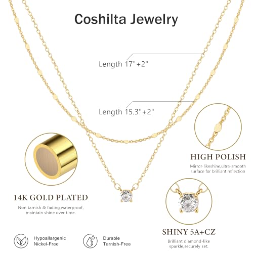 Coshilta Layered 14K Gold Plated Sterling Silver Necklace Set with Cubic Zirconia - CZ Pendant, Dainty, Stackable, Personalized Jewelry Gift - Model C-N0518-CZ