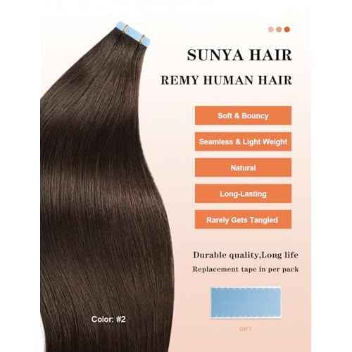 Sunya Hair Extensions Tape in Human Hair 20 inches Silky Straight Remy Human Hair Seamless Skin Weft Tape in Hair Extensions 20 inches #2 Dark Brown 50 Gram 20Pcs/Pack Soft Hair
