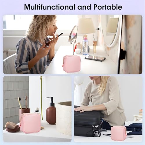 Small Makeup Bag with Matte Leather & Gold Zipper - Pink