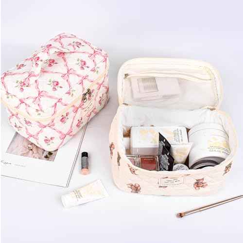 Quilted Makeup Bag,Large Cosmetics Bag Set,Cotton Coquette Floral Make up Pouch,Travel Toiletry Bag for Women