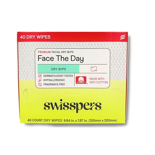 Swisspers Premium 100% Cotton Dry Facial Wipes - Hypoallergenic, Biodegradable Beauty Cloths with Dot Embossing - Vegan Makeup Remover Towelettes for Women & Men, 40 Count (Pack of 1)