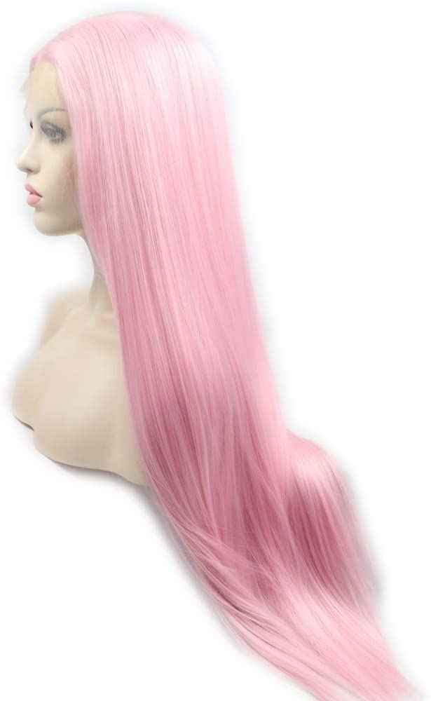 xiweiya Long Pink Lace Front Wig Straight Pastel Pink Synthetic 13x3 Lace Front Wig Middle Part Glueless Wig Natural Hairline Heat Resistant Fiber for Women, Drag Queen Cosplay Makeup Party 24 Inch