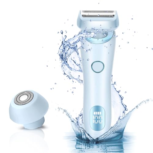 Electric Razors Shaver for Women, 2-IN-1 Womens Electric Razor for Leg Arm Face Pubic Area, Cordless Bikini Trimmer Hair Removal for Women with Detachable Head, Painless,IPX7 Waterproof,Wet & Dry,Blue