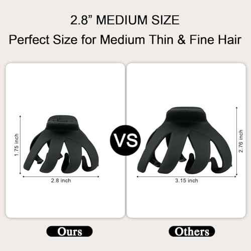 2.8" Medium Octopus Hair Clips for Women, Matte Claw Clips for Thin Hair, 90' Strong Hold Non-slip Spider Octopus Clip for Fine Hair Jaw Clips (Black & Tortoise)