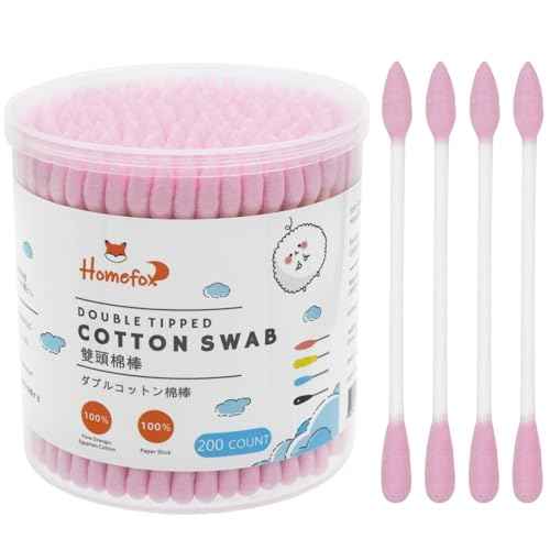 Pink Cotton Swabs Precision Pointed - 200 Count Pointy Organic Cotton Double Side Tightly Wrapped Cotton Tips Paper Stick Soft Gentle Lint-Free Cruelty-Free, Pointy & Round (Pink)