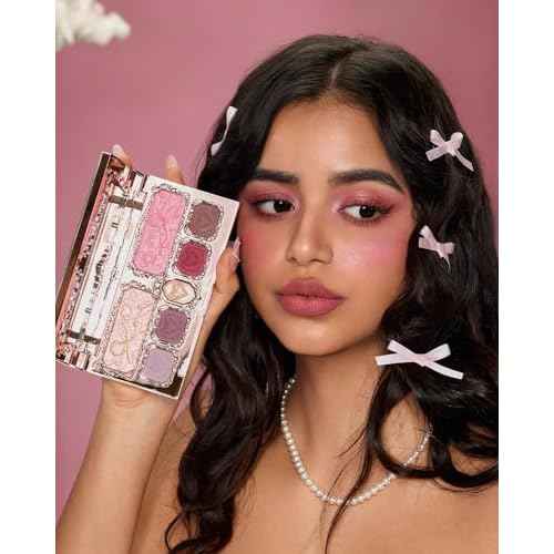 Flower Knows Strawberry Cupid Makeup Palette,Eyeshadow,Blush,Highlighting & Contour All-in-One Face Makeup Palette with 4 Matte+3 Shimmer Pink Shades(S02 Cupid's Mischief,0.49 Oz)