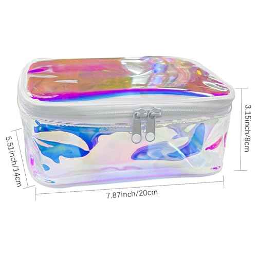 TPU Holographic Clear Makeup Bags Bulk,Clear Storage Bag Toiletry Pocket Portable Zippered Iridescent Pouch Waterproof Cosmetic travel Bags with white zipppe for Women