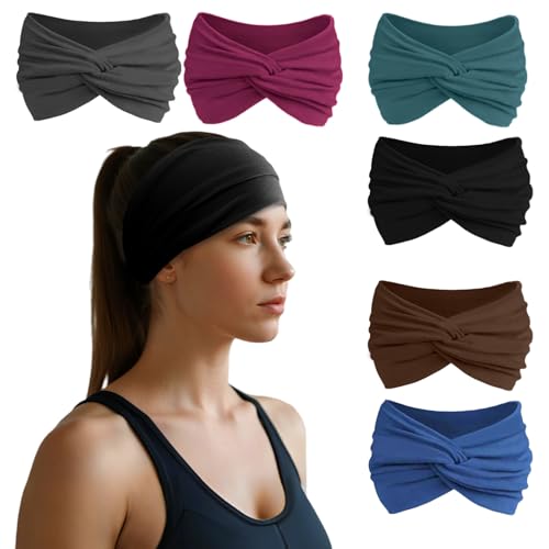HSEM Non-Slip Wide Headbands for Women - 6-Pack Soft Cotton Bands
