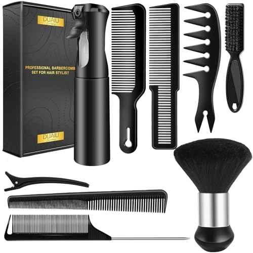 DUAIU 9Pcs Hair Comb Set, Professional Barber Combs for Hair Cutting and Styling - Premium Grade Hair Spray Bottle Neck Duster Barber Brush Set, Taper Texture Clipper Comb Tools for Men Boys