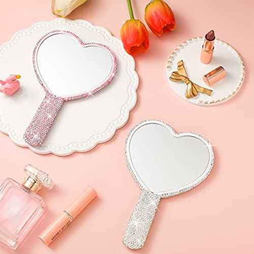 Tatuo 2 Pcs Rhinestone Mirror Handheld Bling Heart Lip Shaped Hand Mirror Glitter Cosmetic with Handle Portable Cute Travel Makeup Lash for Women (Pink and White)