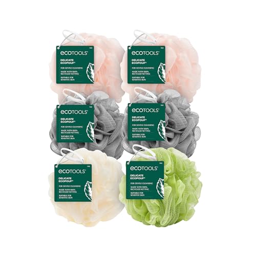 EcoTools Delicate EcoPouf Bath Sponge, Made With Recycled Materials, Exfoliating Bath Pouf, Loofah for Shower & Bath, In Assorted Colors, Green, White, Pink, and Gray, Perfect for Men & Women, 6 Count