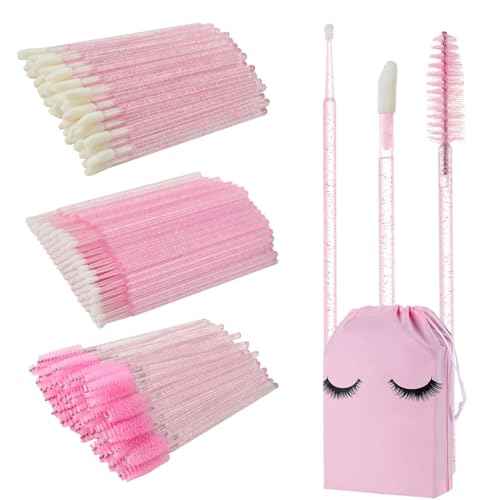 200PCS Disposable Eyelash Extension Kit for Professionals ? Lash Spoolie Brushes, Micro Swabs, Mascara Wands, Lip Brushes for Eyelash Extensions, Tattoo, Lipstick Application(Crystal Pink)